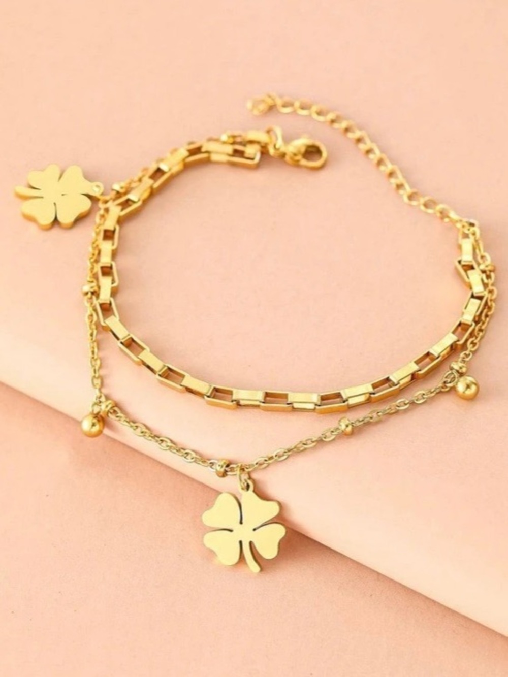 ⚜️Stainless Steel Clover Charm Double Layer Bracelet Gold NWT